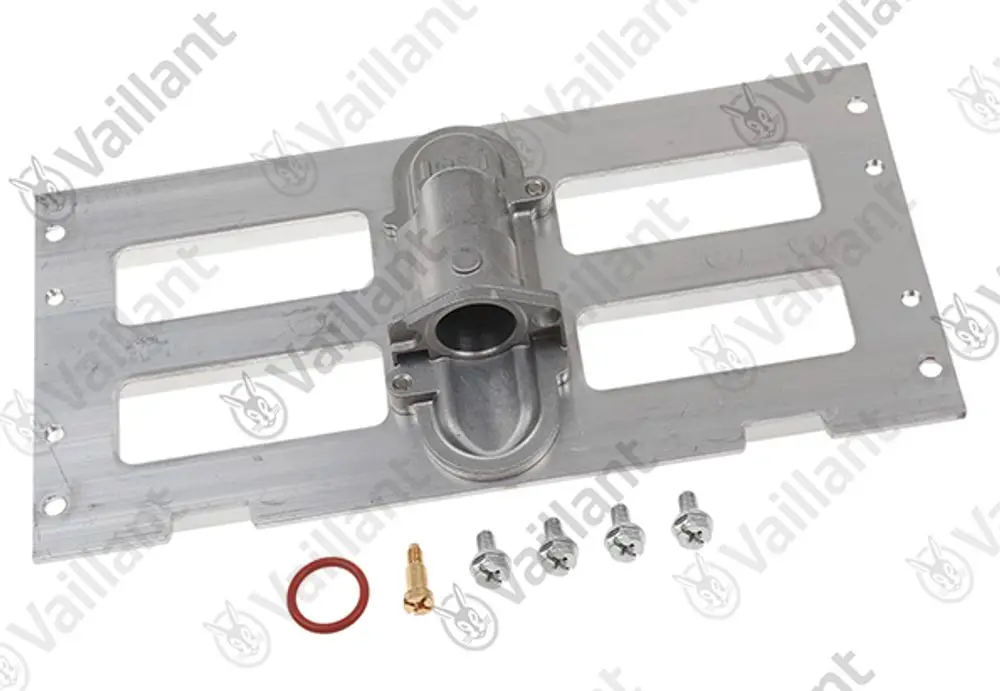 Vaillant Düsenstock aus Metall mit Befestigungsplatte, integriertem Anschluss und Zubehörteilen wie Schrauben und Dichtungen.